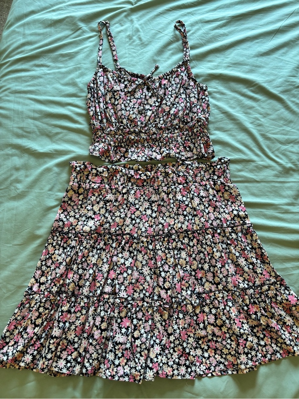wild fable Black Floral Pink & Cream Flowers 2 Piece Crop and Skirt set